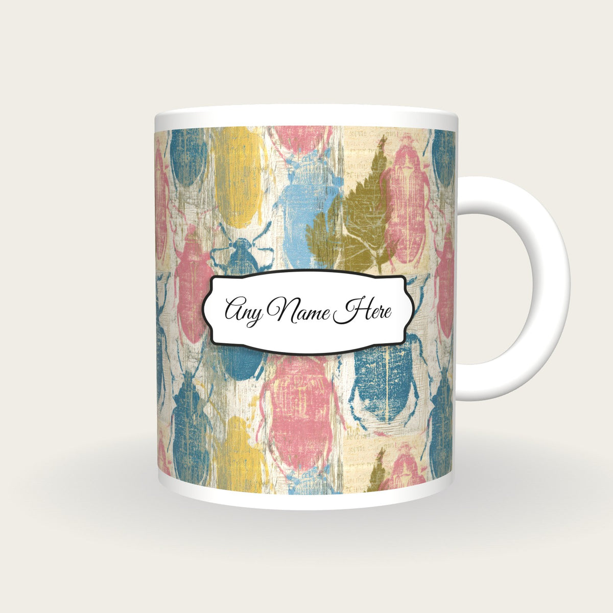 Woodcut Beetles Name Mug, front with the name label