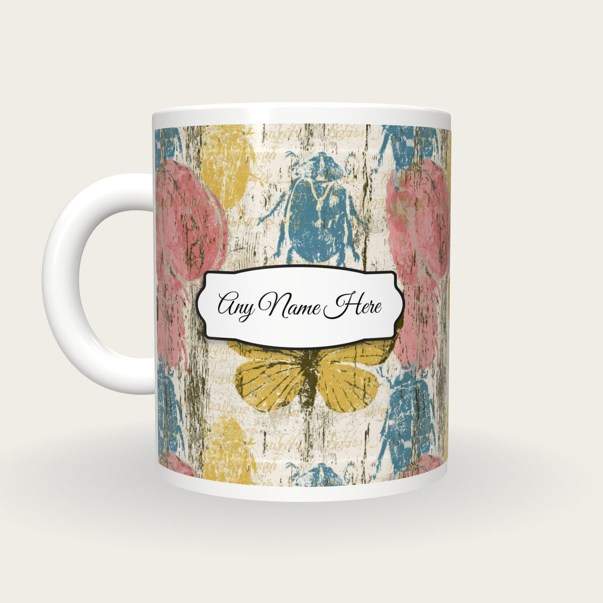 Woodcut Beetles Name Mug 2, back with the second name label
