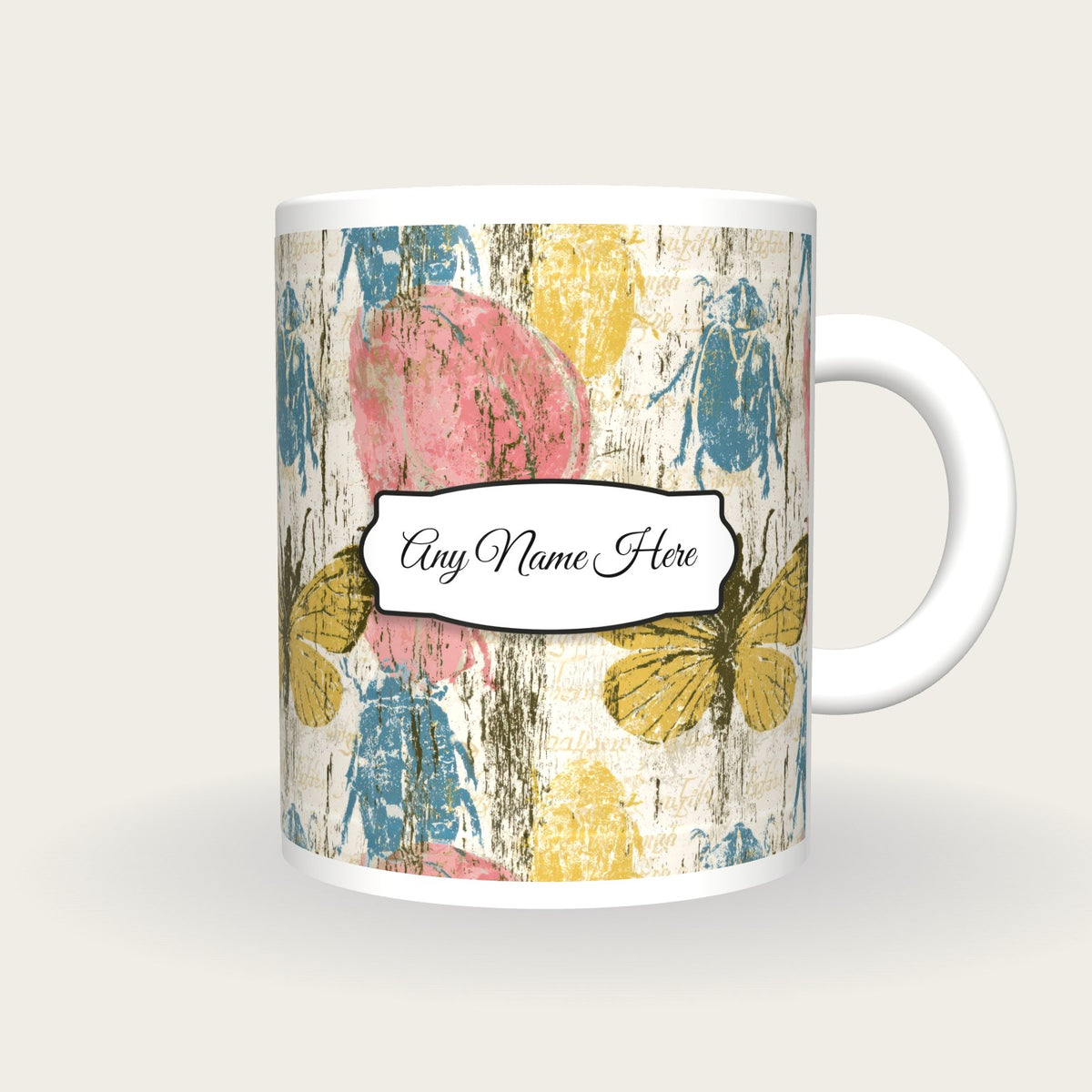 Woodcut Beetles Name Mug 2, front with the name label