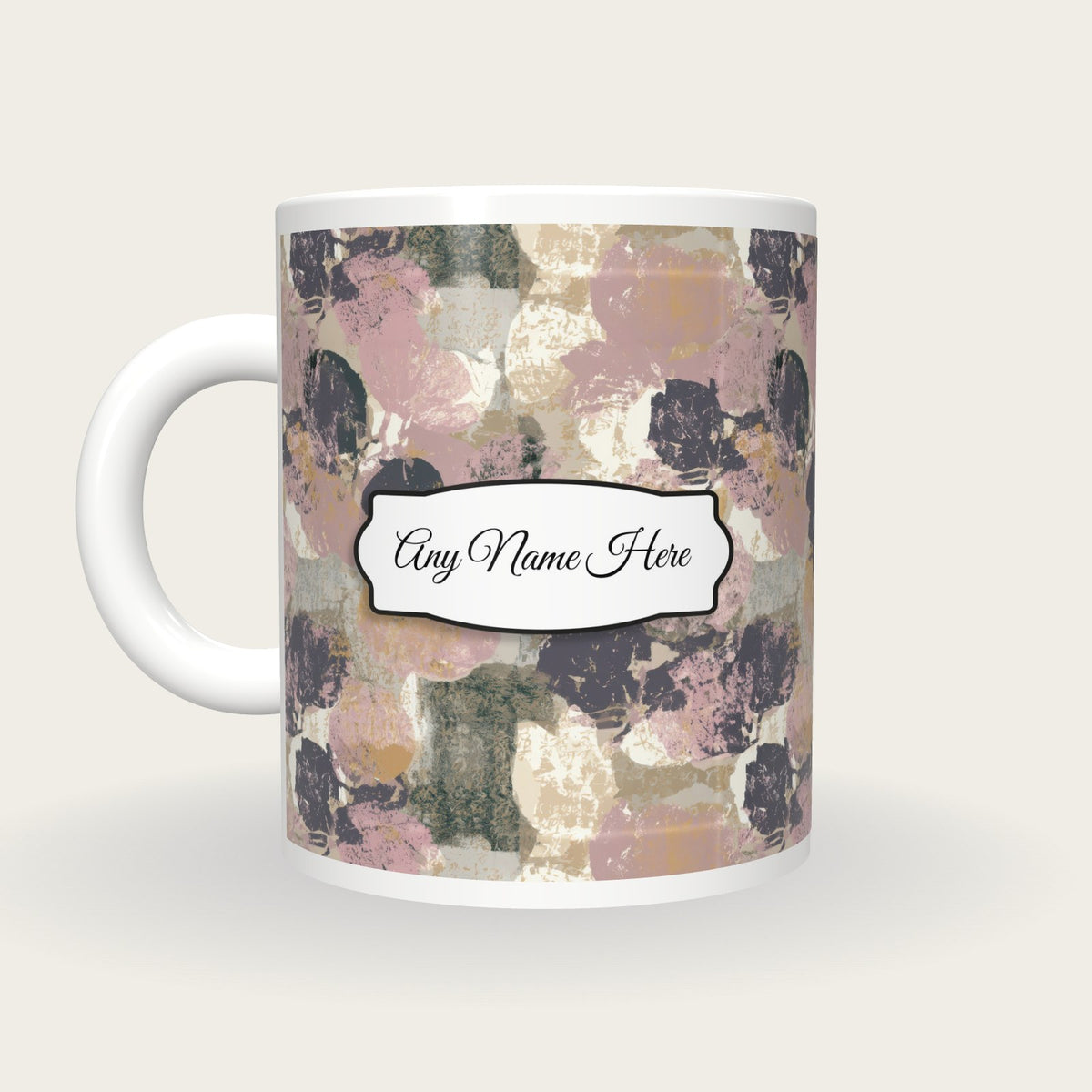 Screenprint Plums Name Mug, back with the second name label
