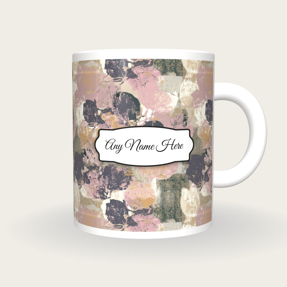 Screenprint Plums Name Mug, front with the name label