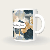 Woodblock Pressed Leaves Name Mug, three-quarter view