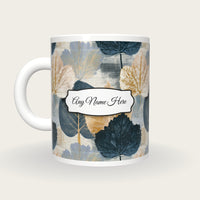 Woodblock Pressed Leaves Name Mug, back with the second name label