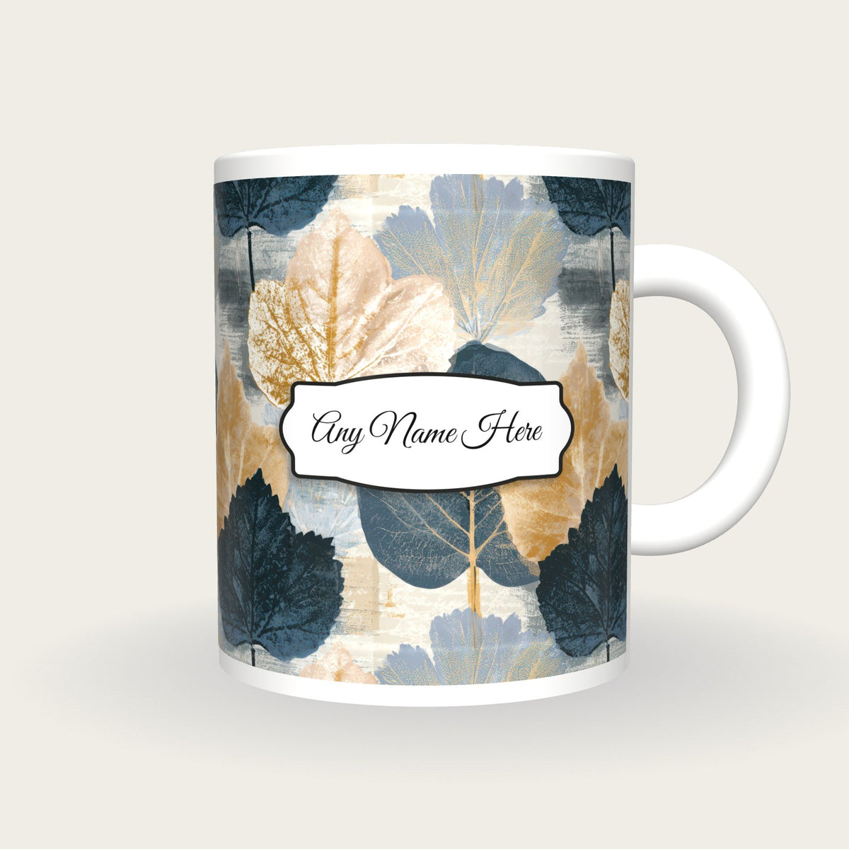 Woodblock Pressed Leaves Name Mug, front with the name label