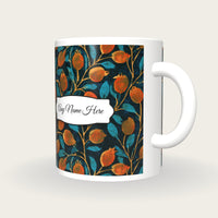 Indian Block Print Rose Hips Name Mug, three-quarter view