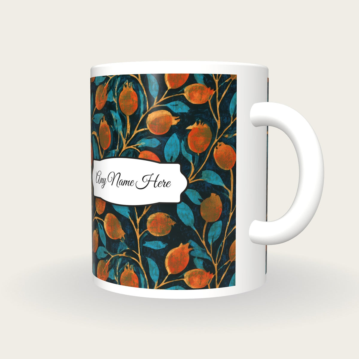 Indian Block Print Rose Hips Name Mug, three-quarter view