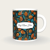 Indian Block Print Rose Hips Name Mug, front with the name label