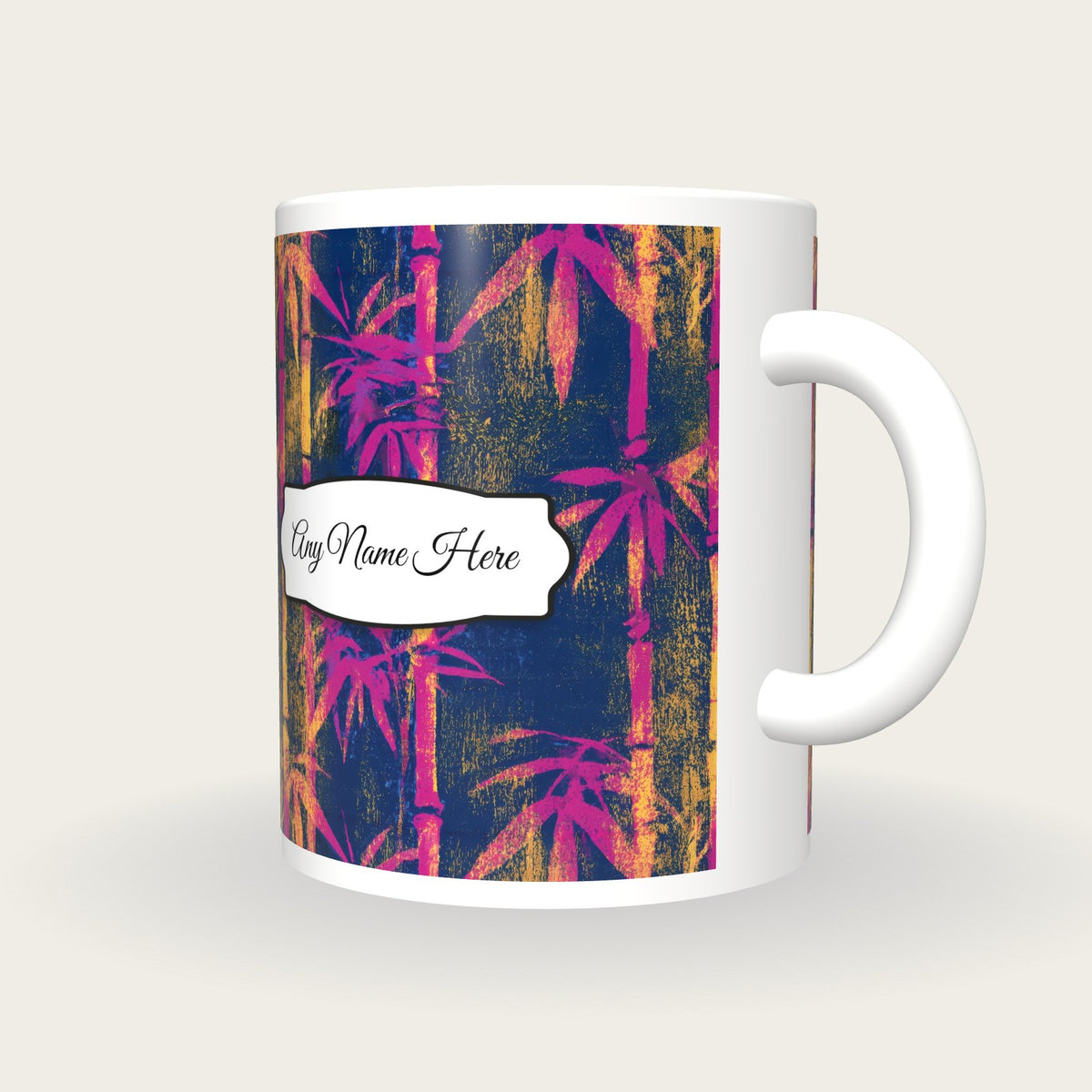 Woodcut Bamboo Pink Yellow Name Mug, three-quarter view