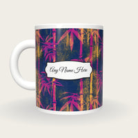 Woodcut Bamboo Pink Yellow Name Mug, back with the second name label