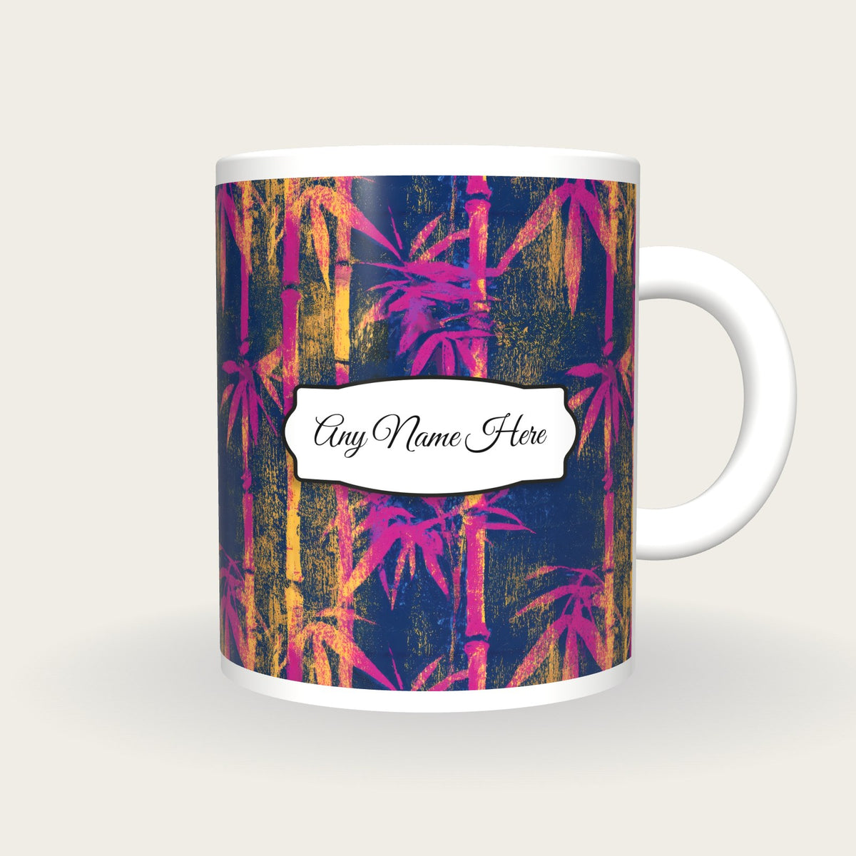 Woodcut Bamboo Pink Yellow Name Mug, front with the name label