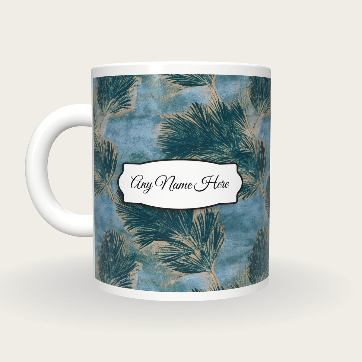 Monoprint Horsetail Name Mug, back with the second name label