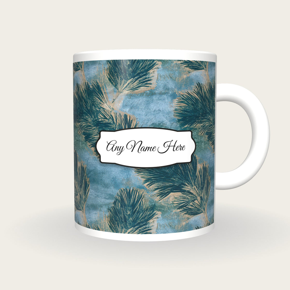 Monoprint Horsetail Name Mug, front with the name label