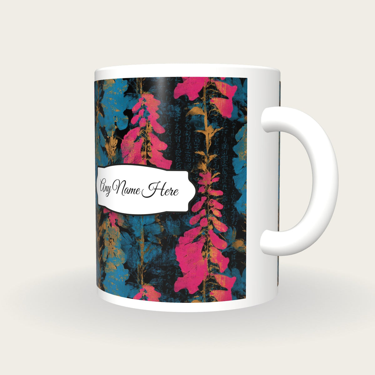 Screenprint Foxgloves Name Mug, three-quarter view