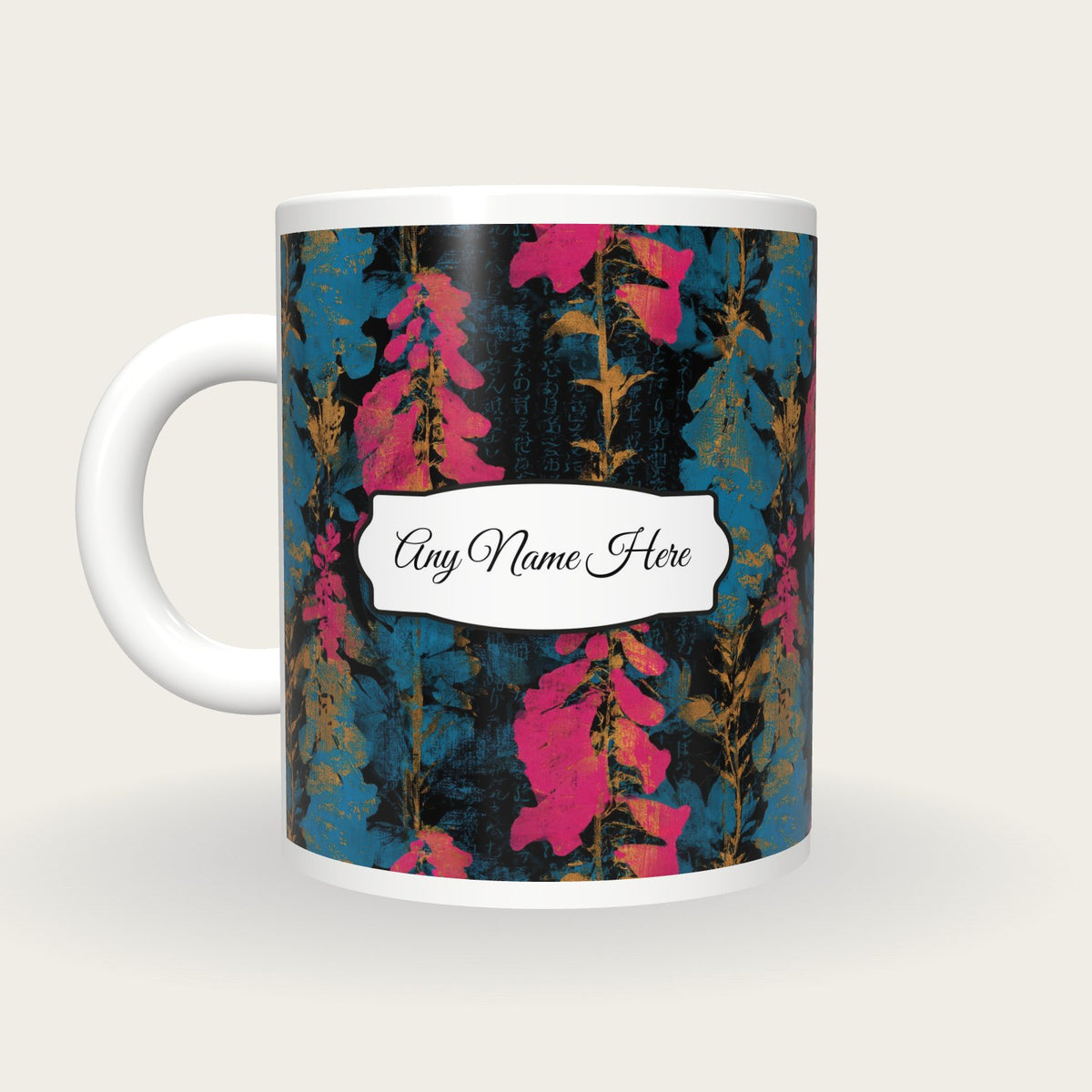 Screenprint Foxgloves Name Mug, back with the second name label