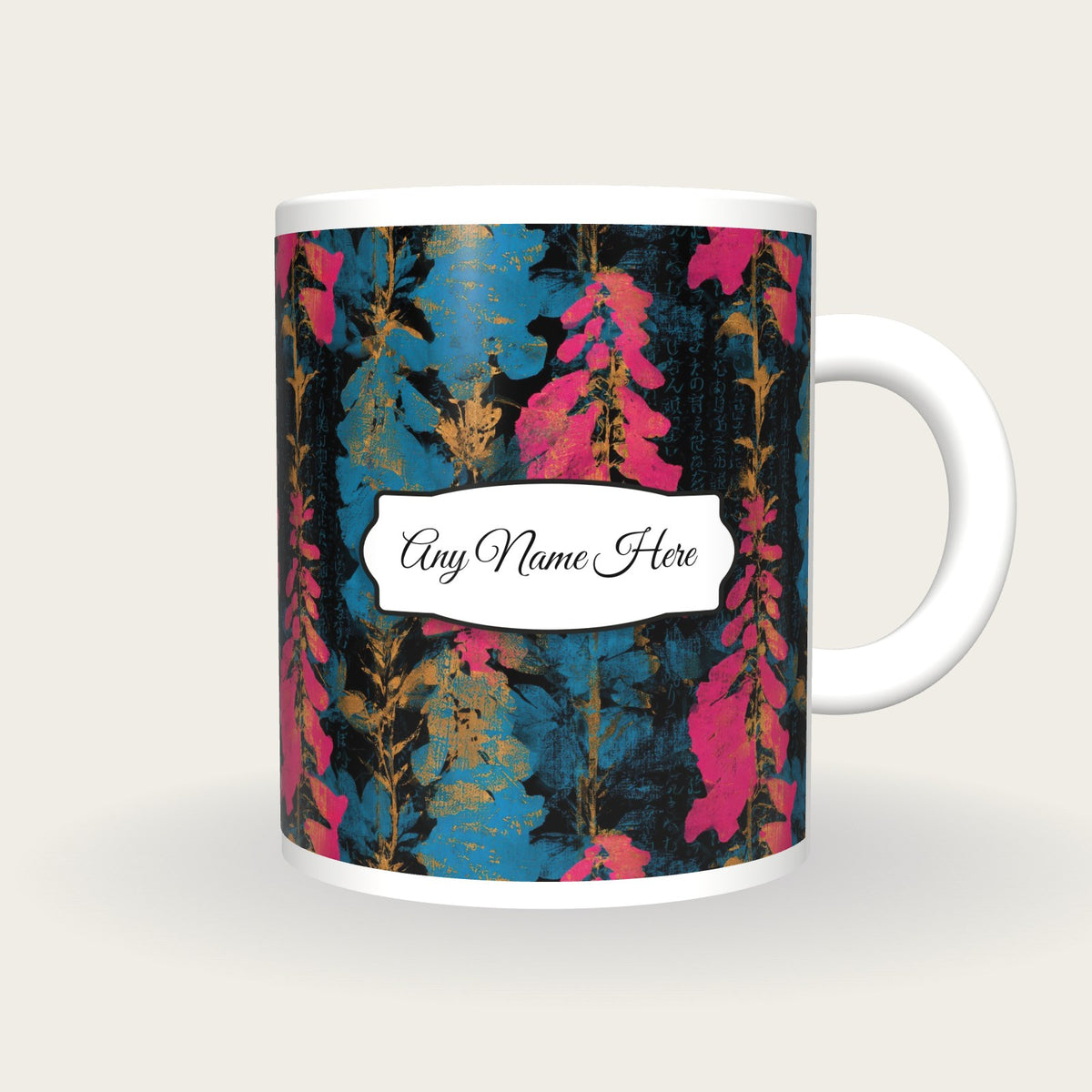 Screenprint Foxgloves Name Mug, front with the name label