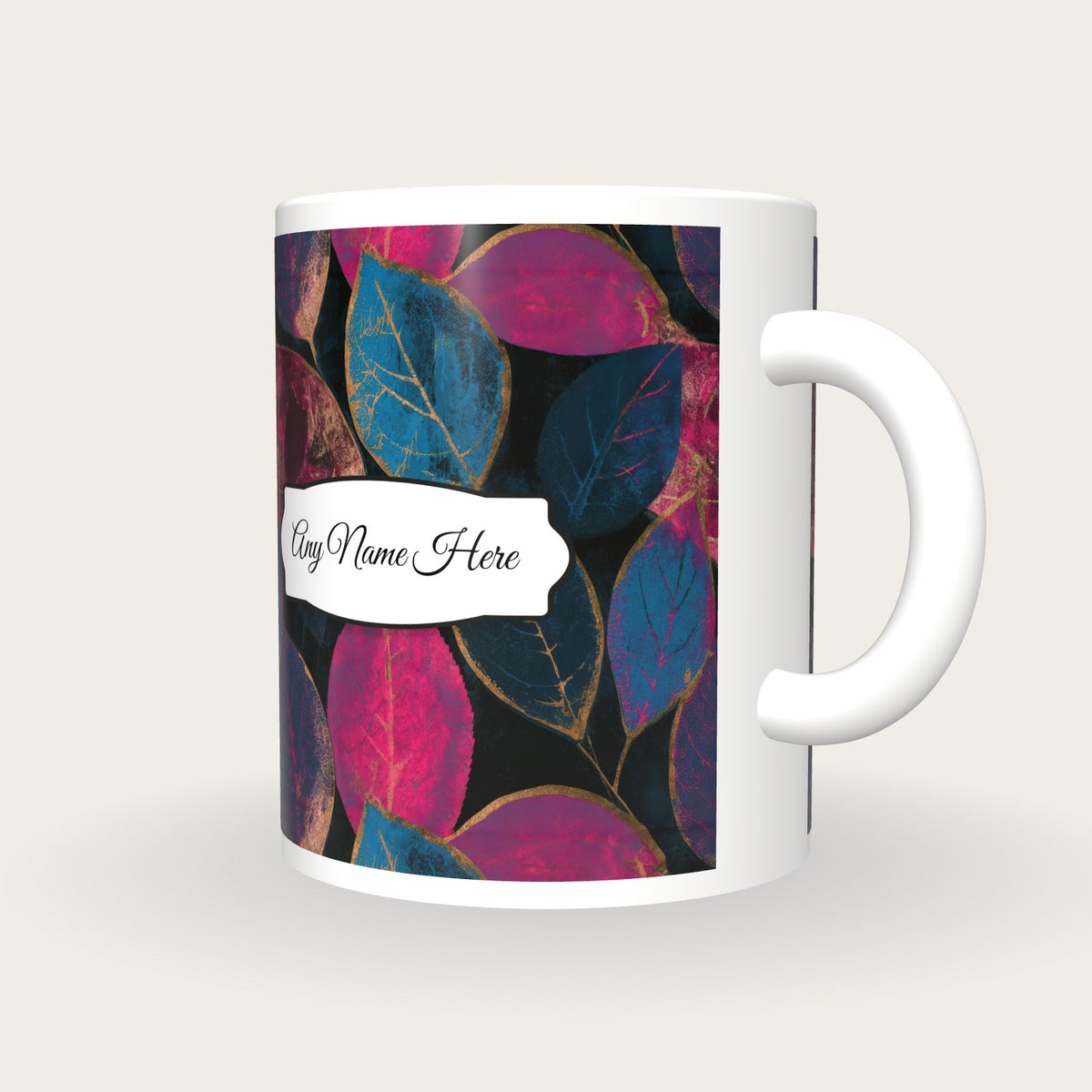 Woodblock Autumn Leaves Name Mug, three-quarter view