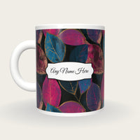 Woodblock Autumn Leaves Name Mug, back with the second name label