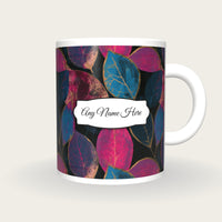 Woodblock Autumn Leaves Name Mug, front with the name label