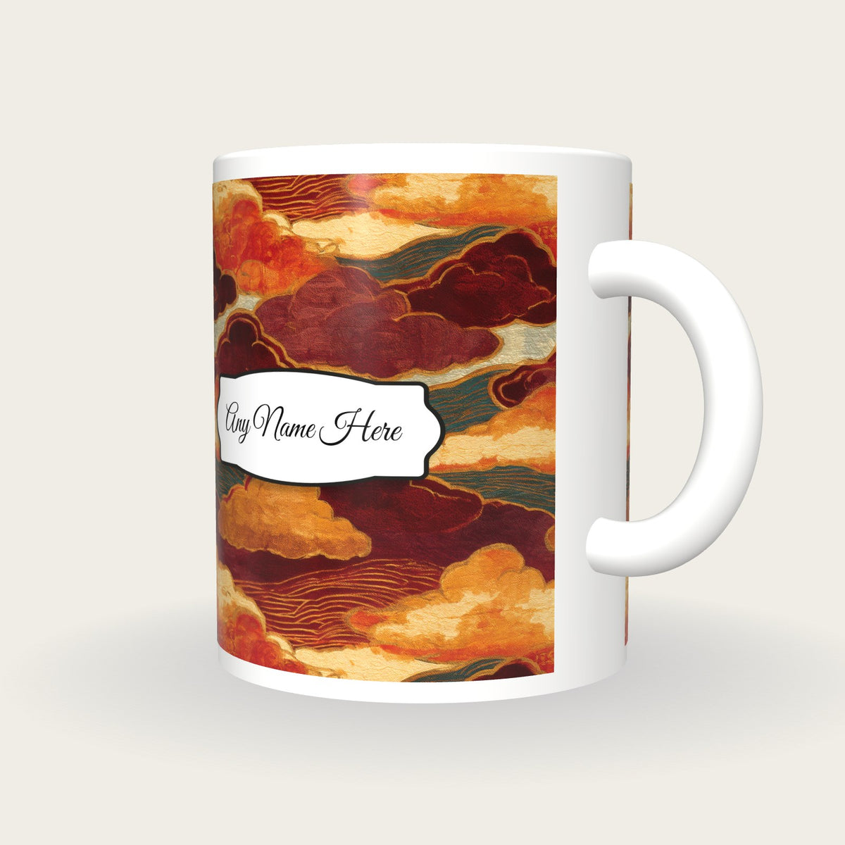 Art Nouveau Cumulus Cloud Name Mug, three-quarter view