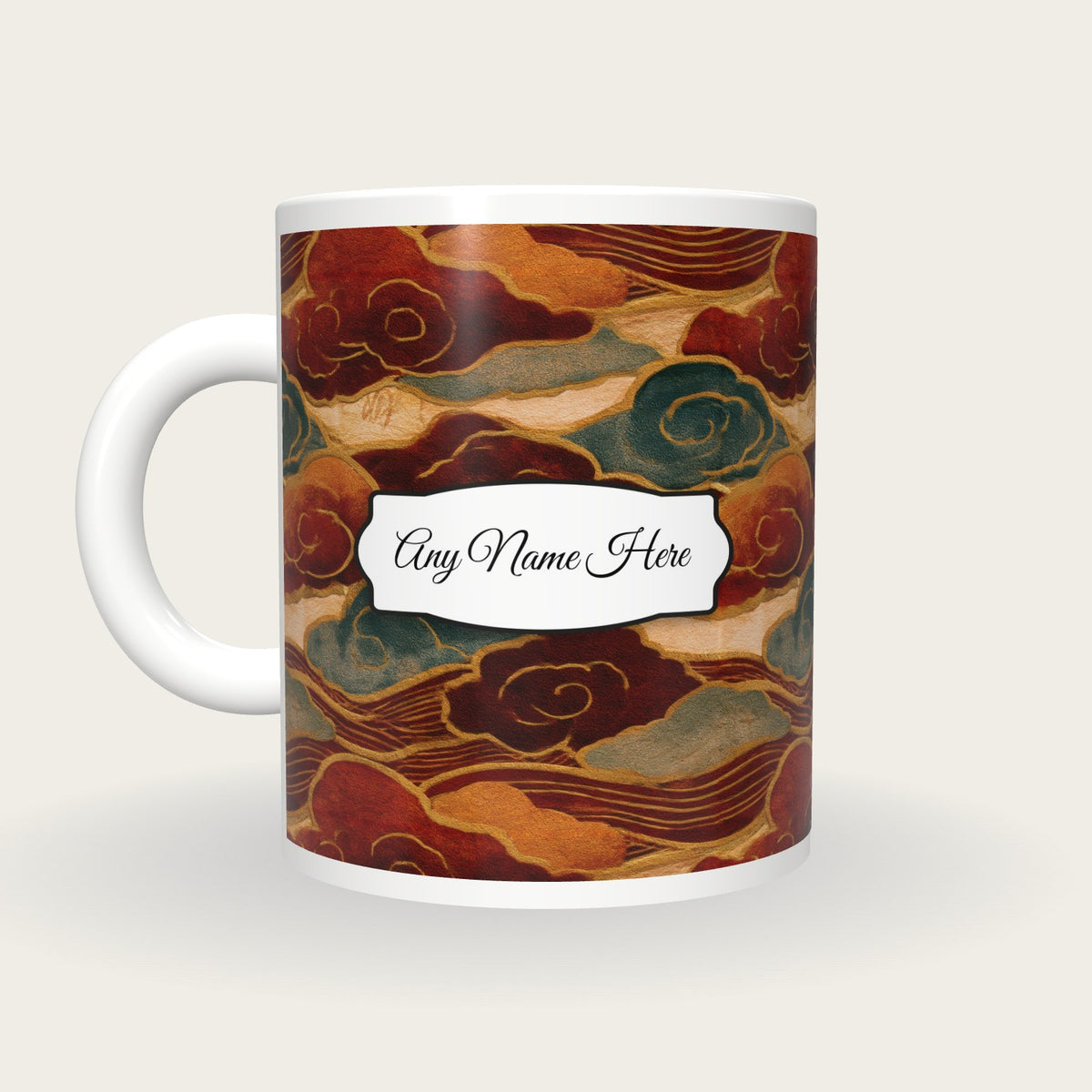 Art Nouveau Cumulus Cloud Name Mug 2, back with the second name label