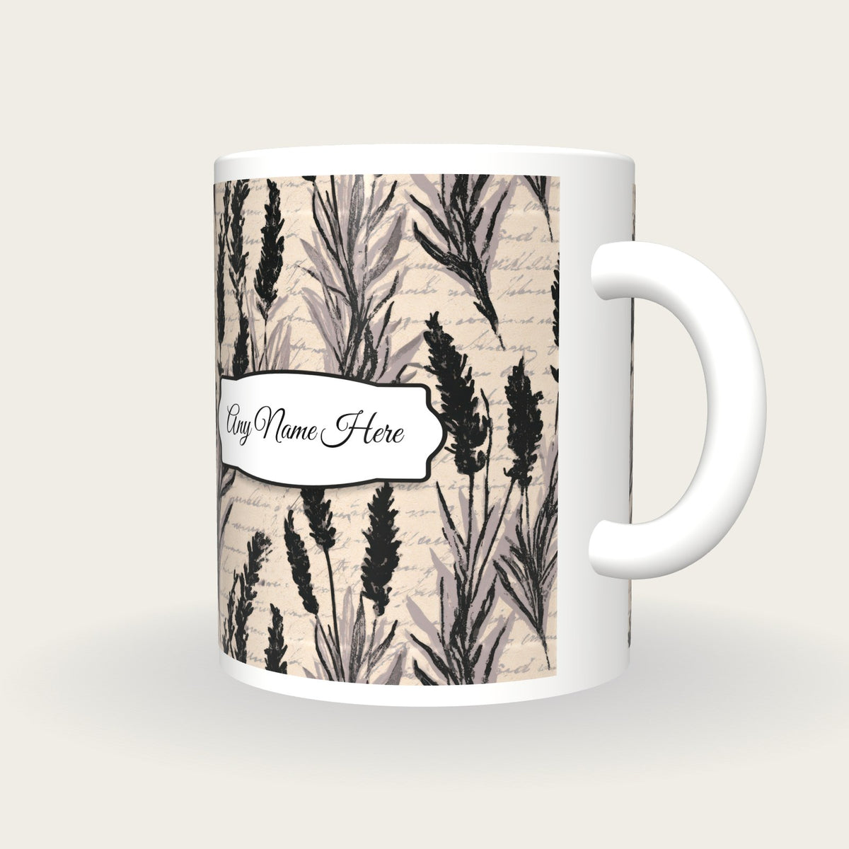 Screenprint Lavender Abstract Name Mug, three-quarter view