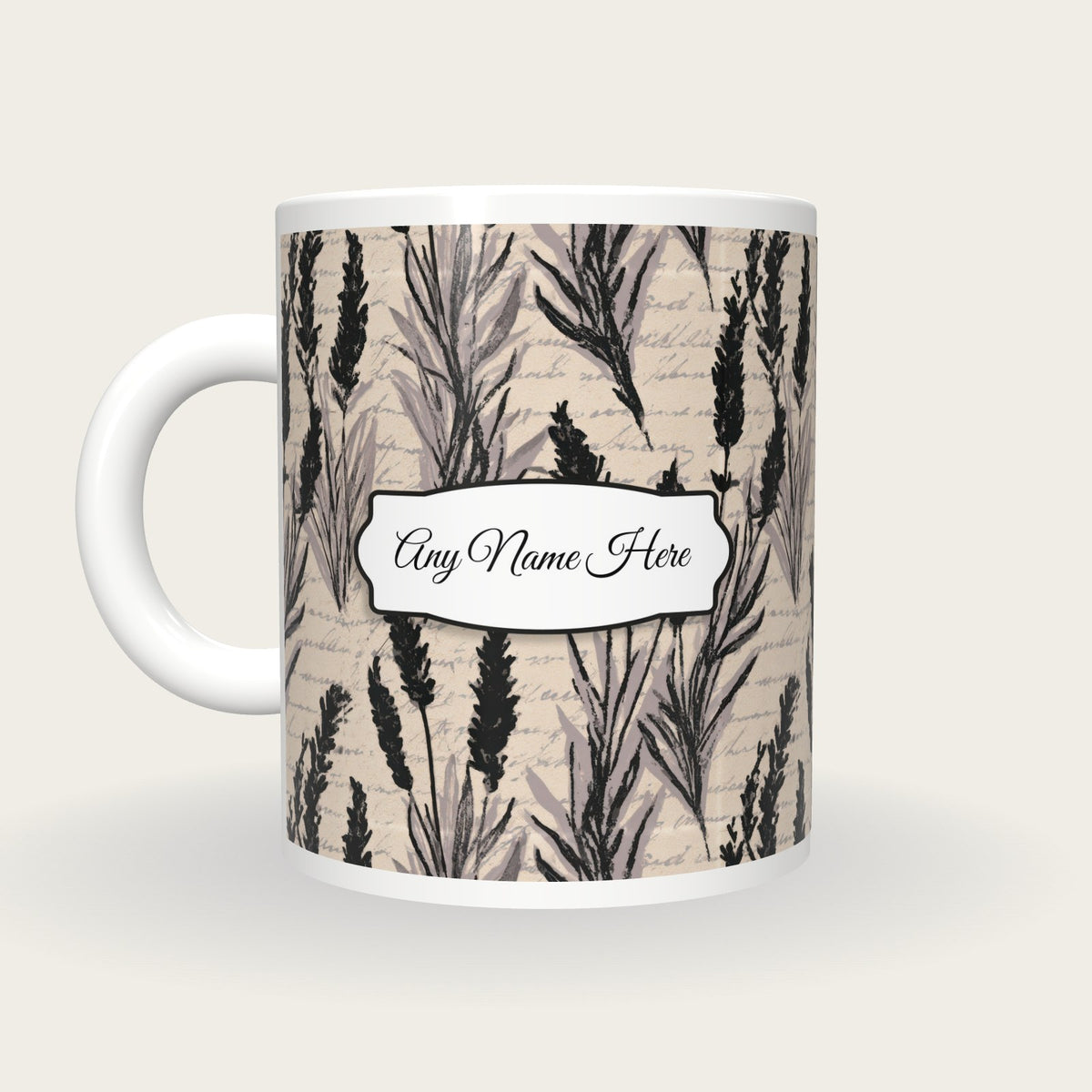 Screenprint Lavender Abstract Name Mug, back with the second name label