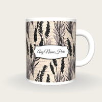 Screenprint Lavender Abstract Name Mug, front with the name label