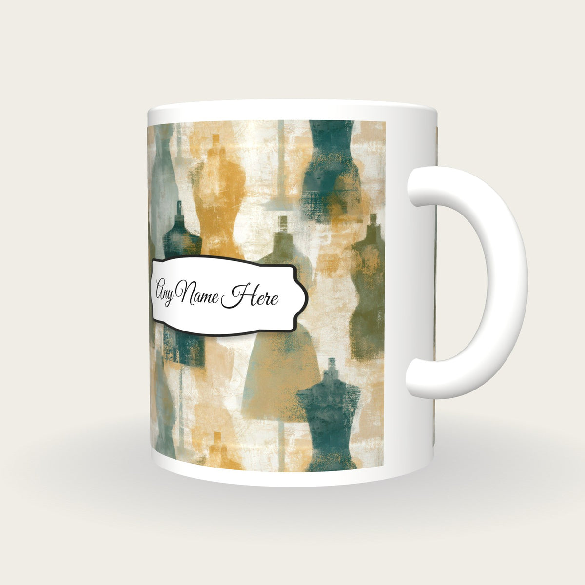 Lithograph Dress Forms Name Mug, three-quarter view