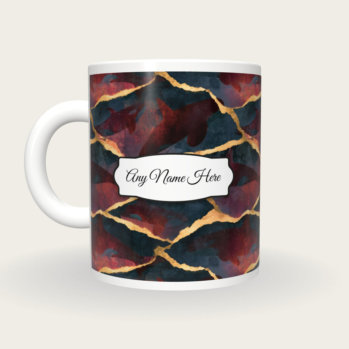 Torn Paper Orcas Name Mug, back with the second name label