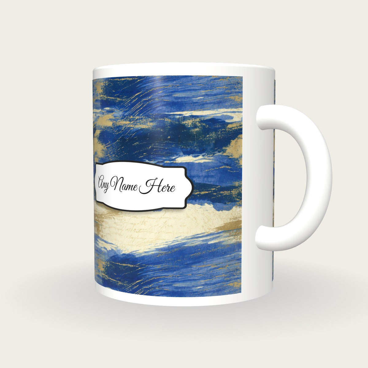 Sumi-e Sapphire Abstract Name Mug, three-quarter view