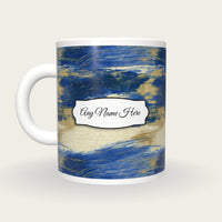 Sumi-e Sapphire Abstract Name Mug, back with the second name label