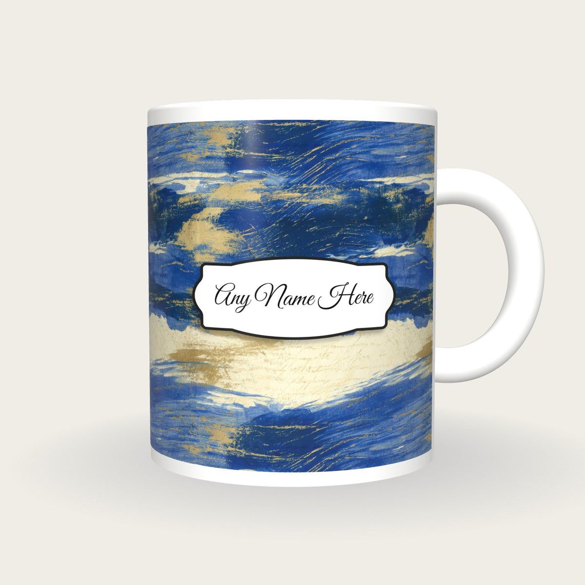 Sumi-e Sapphire Abstract Name Mug, front with the name label