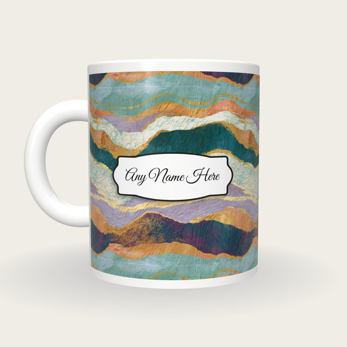 Woodcut Lilac Abstract Name Mug, back with the second name label