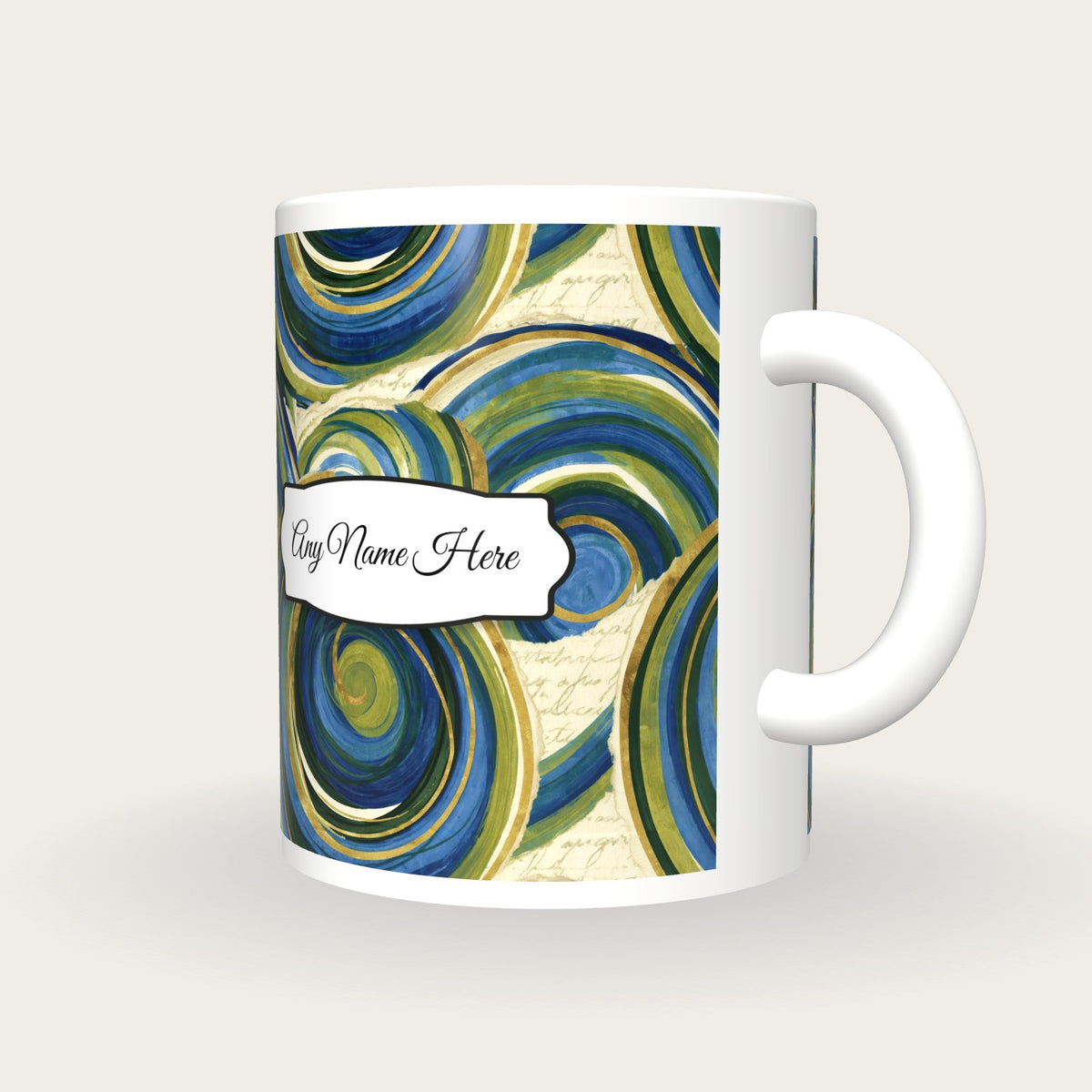 Collage Cappuccino Name Mug, three-quarter view