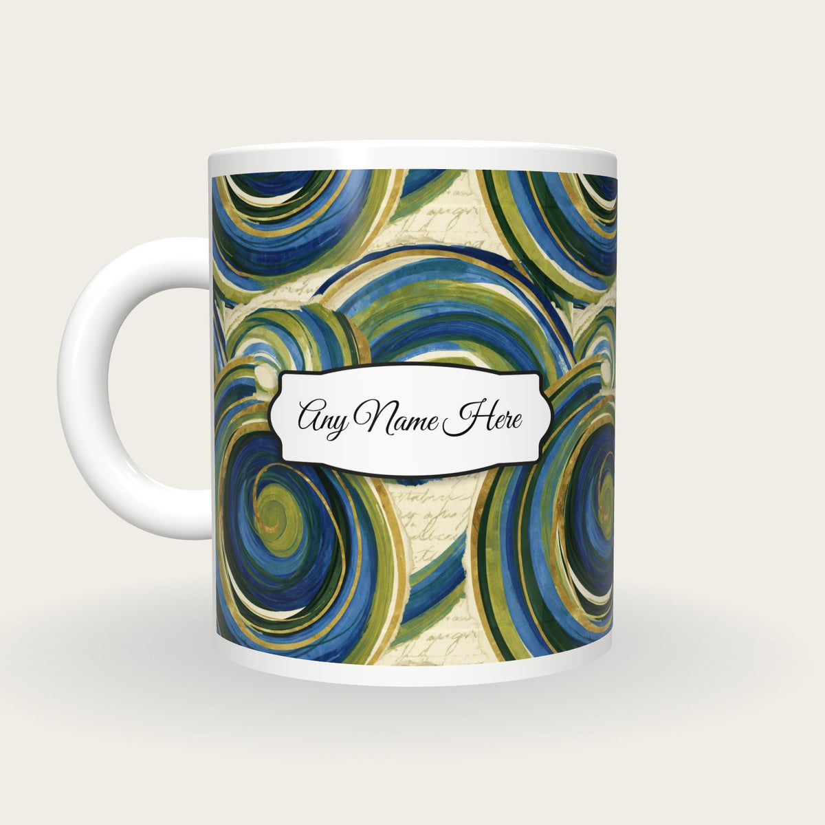 Collage Cappuccino Name Mug, back with the second name label