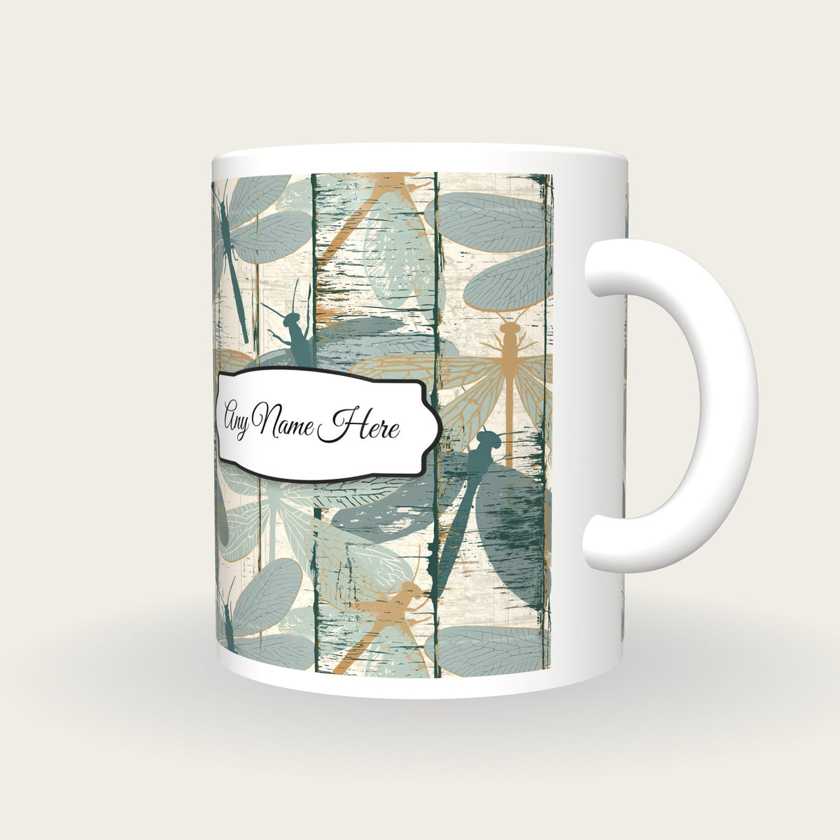 Woodcut Lacewings Name Mug, three-quarter view