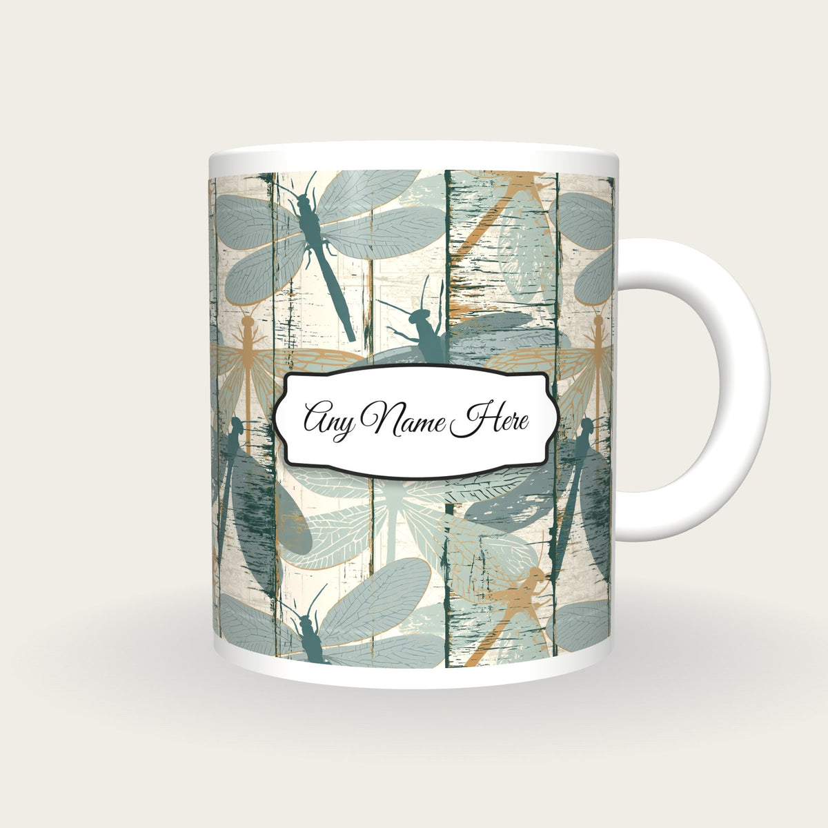 Woodcut Lacewings Name Mug, front with the name label
