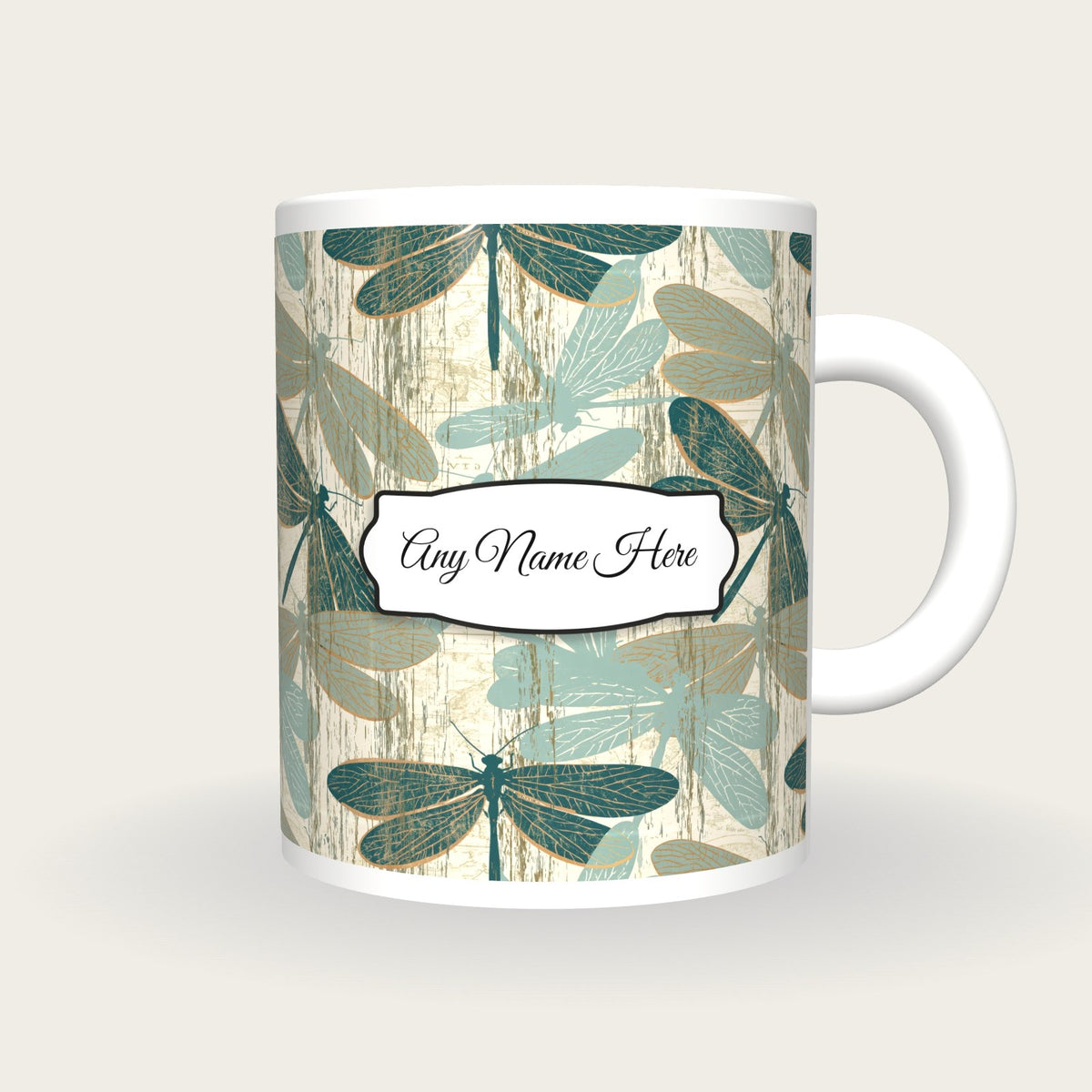 Woodcut Lacewings Name Mug 2, front with the name label
