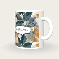 Antique Botanical Grey Abstract Name Mug, three-quarter view