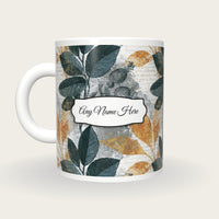 Antique Botanical Grey Abstract Name Mug, back with the second name label