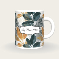 Antique Botanical Grey Abstract Name Mug, front with the name label