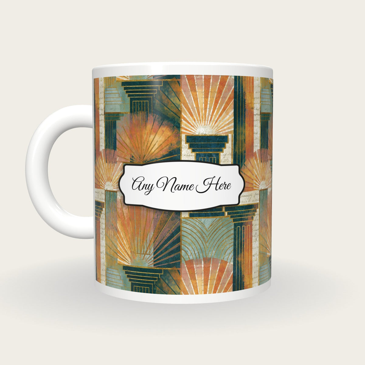 Art Deco Columns Name Mug, back with the second name label