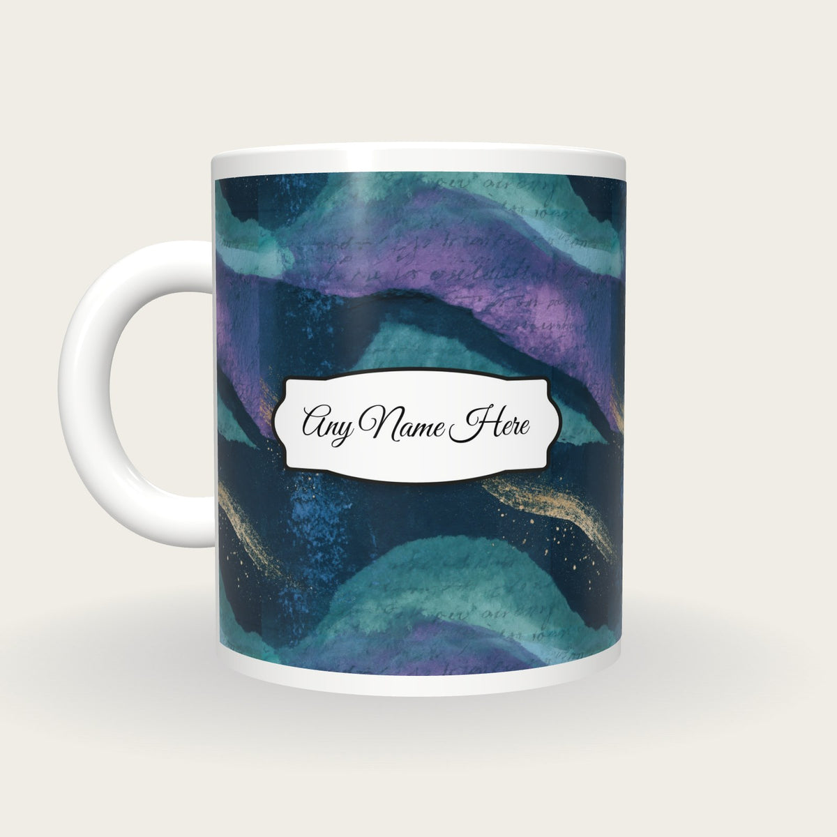 Cyanotype Aurora Abstract Name Mug, back with the second name label