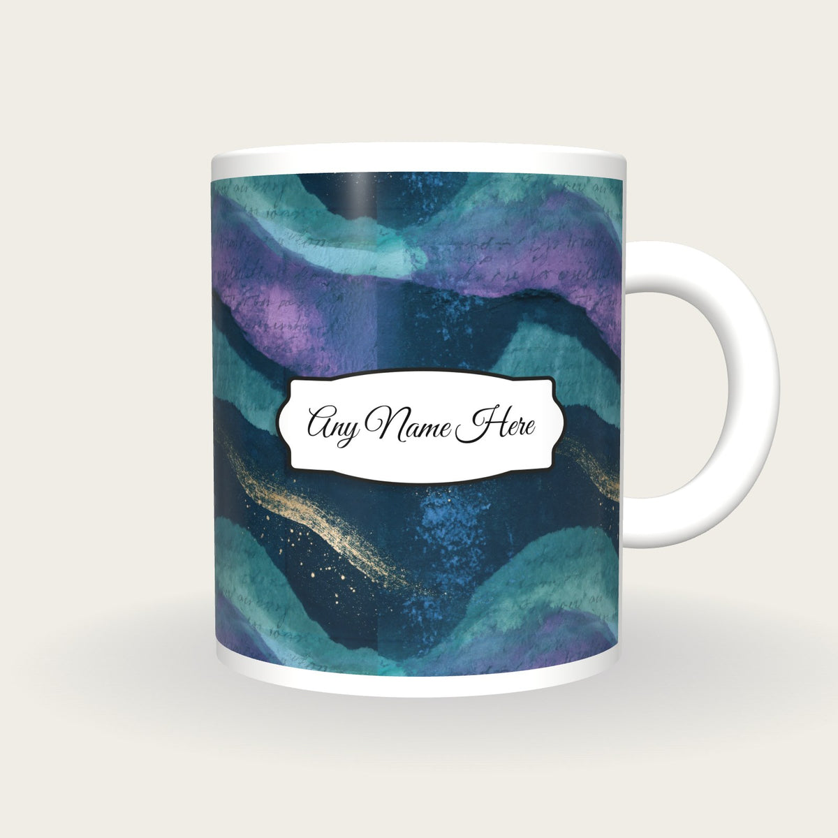 Cyanotype Aurora Abstract Name Mug, front with the name label