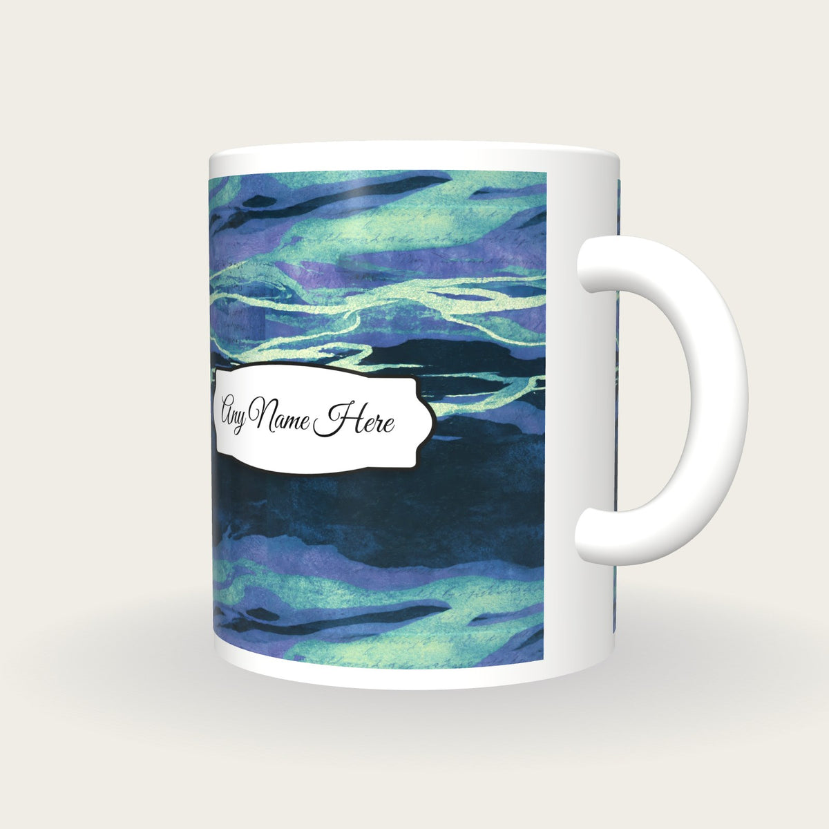Cyanotype Aurora Abstract Name Mug 2, three-quarter view