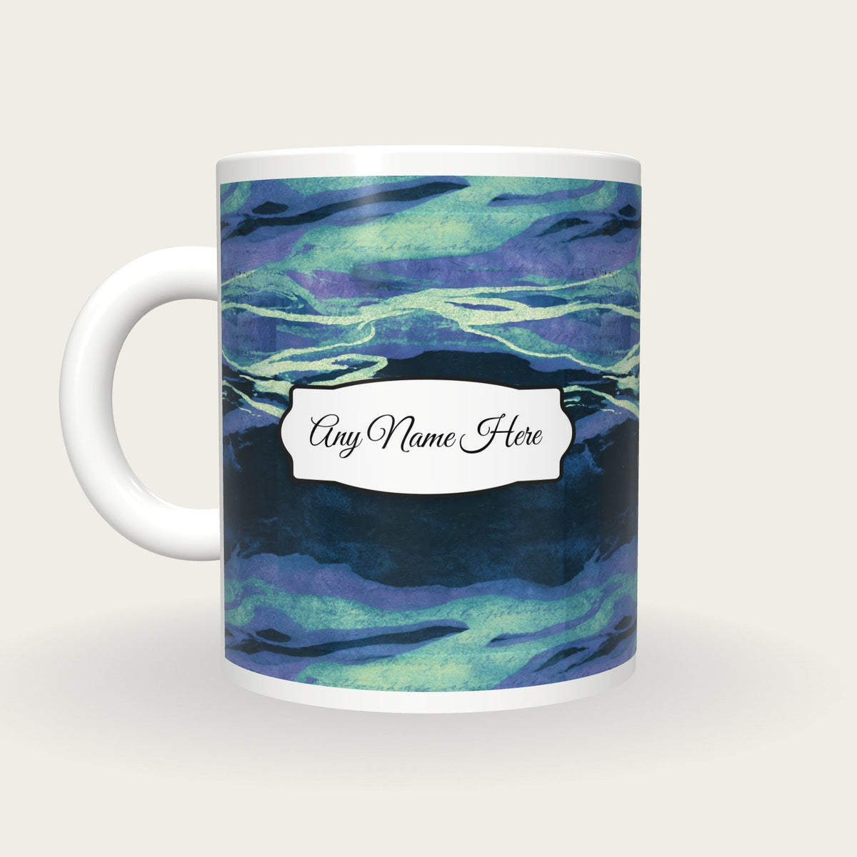 Cyanotype Aurora Abstract Name Mug 2, back with the second name label