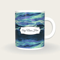 Cyanotype Aurora Abstract Name Mug 2, front with the name label