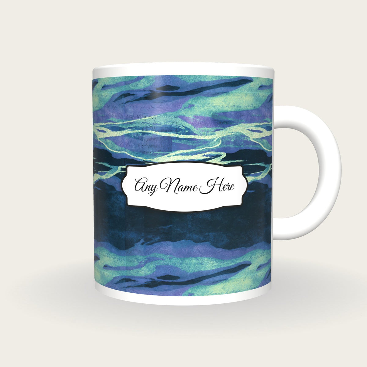 Cyanotype Aurora Abstract Name Mug 2, front with the name label