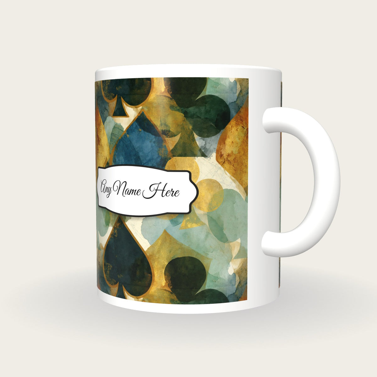 Ink Wash Card Suits Name Mug, three-quarter view