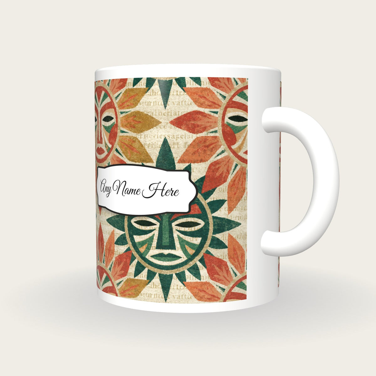 Mandala Tribal Masks Name Mug, three-quarter view